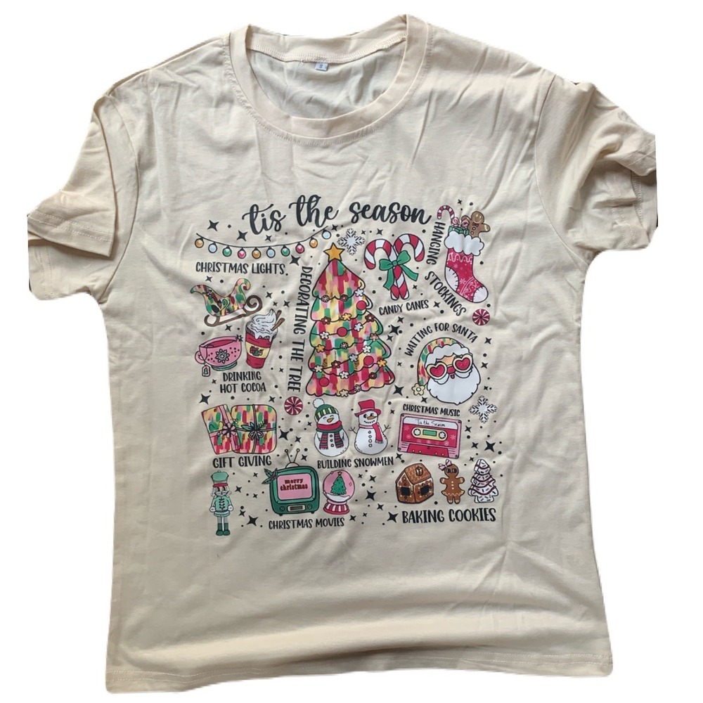 Tis The‎ Season Christmas Graphic Tee Shirt Beige Long Sleeve Top Women's